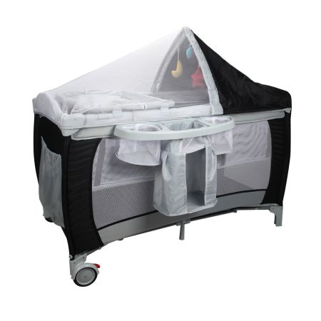 Cuna plegable con mosquitera 120x60x76cm cama de bebé ajustable dos niveles - Negro