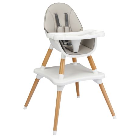 Trona 4 en 1 Convertible de Madera con Arnés 5 Puntos con Bandeja Desmontable y Regulable en 4 Posiciones y Cojín en PU Gris