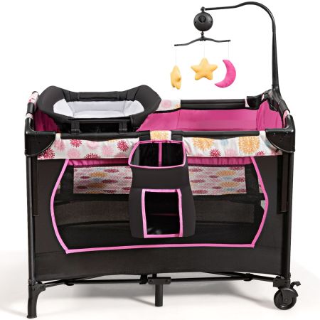Parque Portátil 3 en 1 para Niños con Cama Cambiador Centro Actividad Ruedas y Frenos Rosa 107 x 72 x 80,5 cm