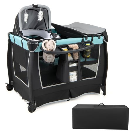 Cuna Bebé 6 en 1 Centro de Cuidado para Bebés Parque de Juegos Portátil para Bebés con Moisés Cambiador Dosel Juguetes Caja de Música Azul