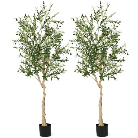 Juego de 2 Árboles de Olivo Artificiales 180 cm Plantas de Olivo Falsas con Maceta de Plástico 1296 Hojas 72 Frutos Plantas Verde