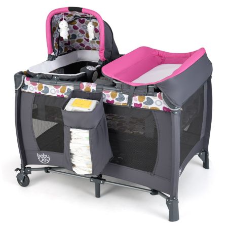 Cuna Plegable y Portátil Parque Infantil con Cuna Mecedora y Cambiador Barra de Juguetes Caja de Música y Bolsa de Transporte Centro Naranja