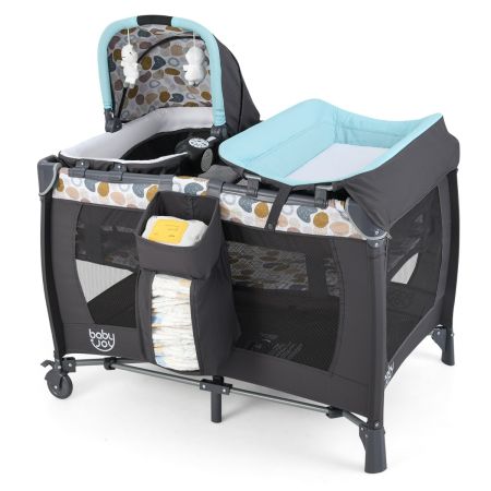 Cuna Plegable y Portátil Parque Infantil con Cuna Mecedora y Cambiador Barra de Juguetes Caja de Música y Bolsa de Transporte Centro Azul