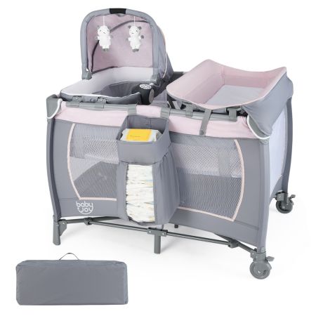 Cuna Plegable y Portátil Parque Infantil con Cuna Mecedora y Cambiador Barra de Juguetes Caja de Música y Bolsa de Transporte Centro Rosa