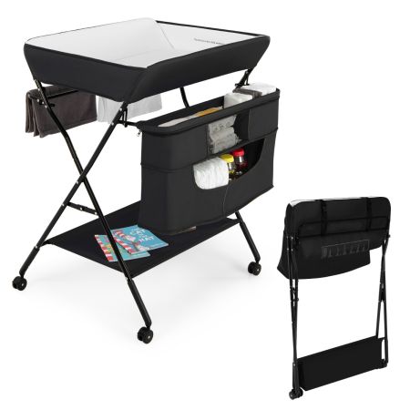 Costway Cambiador de Bebé Plegable con Ruedas Cuna 4 en 1 Altura Regulable en 3 Niveles Tendedero Mesa de Pañales 81 x 70 x 106,5 cm Negro