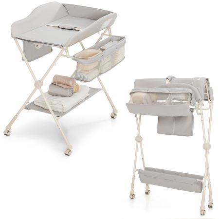 Costway Cambiador de Pañales Plegable para Bebé Altura Regulable Ruedas Bloqueables Cinturón de Seguridad Bandeja de Agua Organizador Móvil 80 x 70 x 104 cm Gris