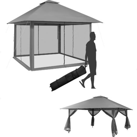 Carpa Plegable 4 x 4 m con Cremallera Doble Techo Ventilado Bolsa de Transporte para Jardín Gazebo Pabellón Altura Ajustable Gris