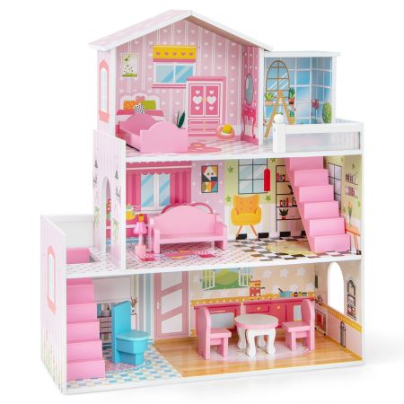 Casa de muñecas de madera con muebles