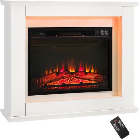 Costway 23’’ Chimenea Eléctrica 2000W con Mueble de Repisa Calentador con Mando a Distancia 4 Niveles Ajustables de Llama Temporizador Blanco