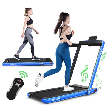 Cinta de Correr Plegable 2 en 1 Eléctrica Portátil 2,25 HP 12 Km/h con Altavoz Bluetooth Mando Pantalla LED App Control para Casa Azul