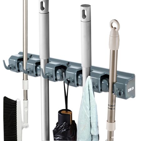 Colgador Escobas Montado a la Pared con 5 Posiciones y 6 Ganchos Plegables Salva Espacio para Rastrillo o Fregona Gris 39,5 x 6 x 8,2 cm