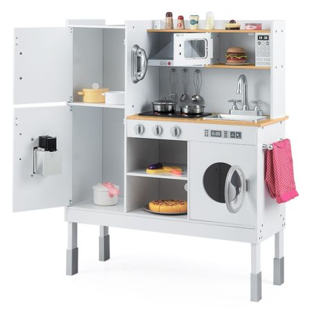 Juguete de Cocina de Madera para Niños de 3+ Años con Campana Extractora Máquina de Hielo Teléfono 16 Accesorios Sonidos Luces Reales Rosa Natural