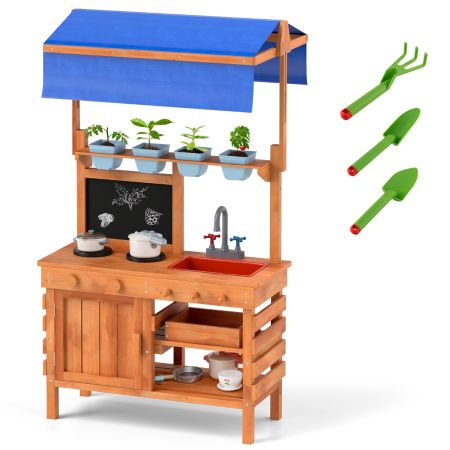 Cocina de Barro Cocina de Juego de Madera con Toldo Ajustable Pizarra Tazas para Plantar Estufas Fregadero Horno y Cajón al Aire Libre