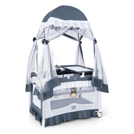 Cuna de Viaje para Bebé Portátil 4 en 1 con Moisés Convertible Cambiador Desmontable Ruedas Red Caja de Música Juguetes para 0-3 Años Gris