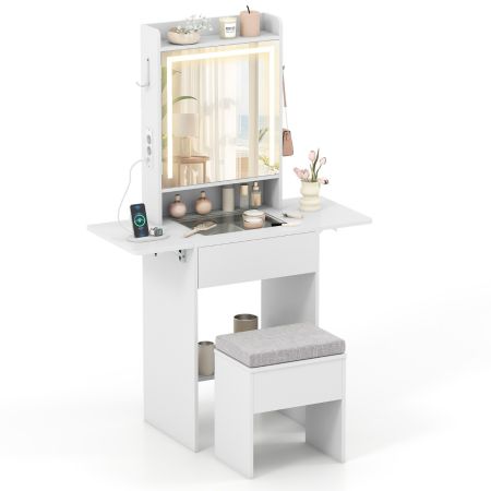 Tocador con Espejo y Luces Tocador Compacto para Maquillaje con Tapa de Cristal Visible Enchufes Paneles Plegables 3 Modos Blanco
