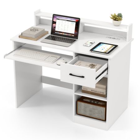 Escritorio de Ordenador con Tomas de Corriente con Bandeja para Teclado Cajón y Estante para Oficina Casa Estudio 105 x 55 x 89 cm Blanco
