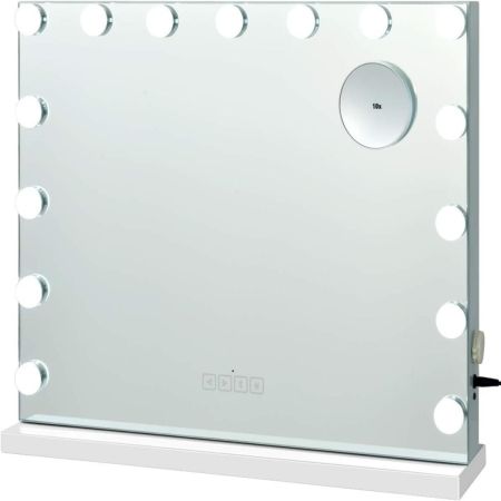 Espejo de Tocador de Maquillaje con 2 Parlantes 15 Luces LED 3 Colores de Luz Espejo Pequeño 10 Aumentos Espejo Cosmético Bluetooth Blanco