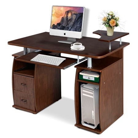 Mesa de Computadora Ordenador Tableta de Madera Escritorio Oficina 2 Cajones Estante Nuez