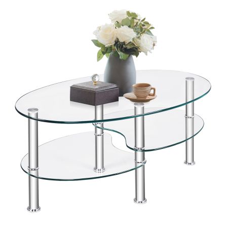 Mesa de Centro para Comedor Salón Mesa Baja de Vidrio Templado con 3 Capas de Almacenamiento 89 x 51 x 45,5 cm 