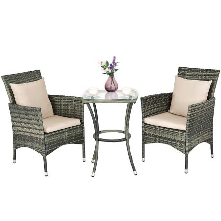 Conjunto Muebles de Ratán para Patio Balcón 2 Sillas y 1 Mesa con Cojines 