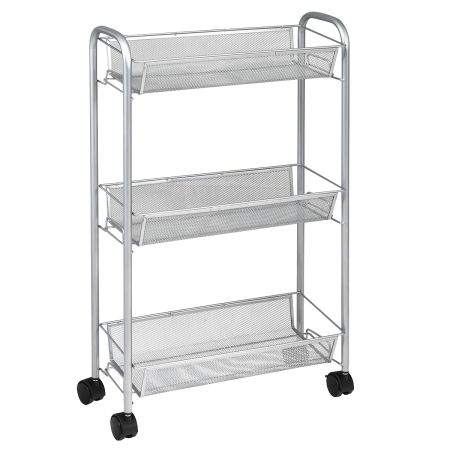 Carrito de Metal con 3 Niveles de Red y Ruedas con Freno  para Cocina Baño Oficina Dormitorio Gris 44,5 x 18 x 70,5 cm
