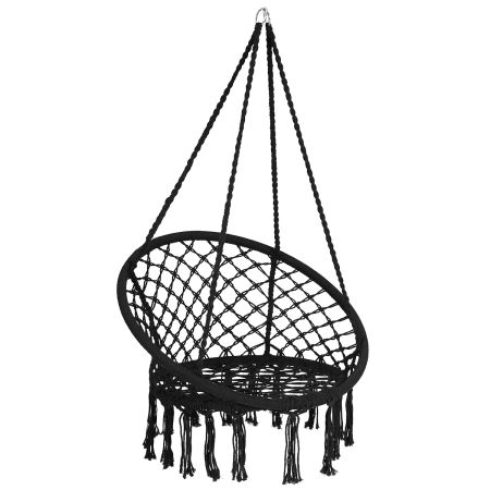 Silla de Hamaca Colgante de Cuerda de Algodón con Borlas para Patio Sala de Estar Balcón Hasta 150 kg Negro 80 x 60 x 125 cm