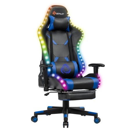 Silla de Gaming en Similcuero PU con Respaldo Reclinable y Cojín Lumbar para Casa Oficina Azul 70 x 74 x 126-136 cm