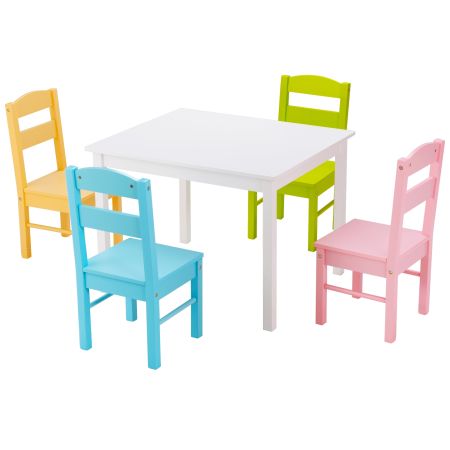 Juego Mueble para Niños Mesa y 4 Sillas de Madera Escritorio para Infantil Dormitorio Sala de Juego Mesa Blanco