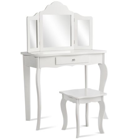Set Tocador para Niños con Taburete Espejo Plegable en 3 Partes y Cajón Blanco 70 x 34 x 104 cm