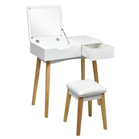 Tocador con Espejo Hermético con Taburete y Cajón para Dormitorio Baño Blanco 74 x 40 x 115 cm
