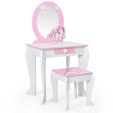Costway Set de Tocador y Taburete para Niñas con Espejo Desmontable y Cajón Blanco y Rosa 49 x 35,5 x 89 cm