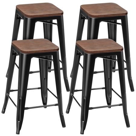 Set de 4 Taburetes de Bar de Metal con Asiento de Madera Patas de Hierro y Reposapiés para Comedor Salón Cocina Negro 41 x 41 x 64,5 cm