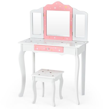 Costway Set Mesa Tocador y Taburete para Niños Blanco y Rosa