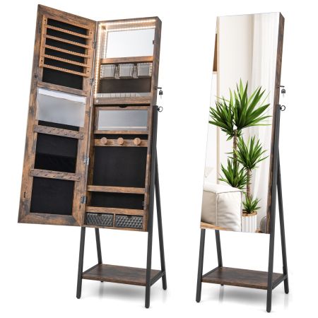 Costway Mueble Joyero De Pie Con Espejo De Cuerpo Entero Marrón Rústico