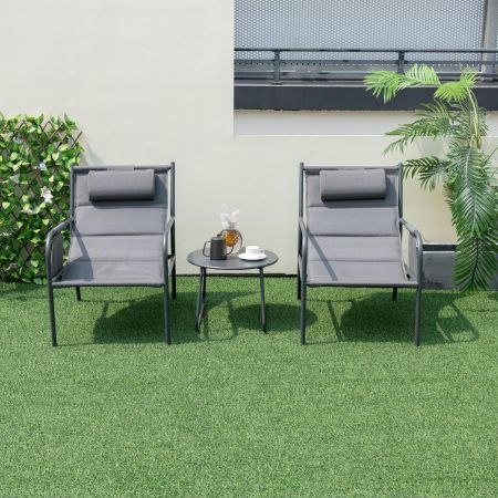 Juego de Bistró de 3 Piezas con Mesa de Centro Silla de Metal Tela de Asiento Transpirable Reposacabezas para Piscina Porche Patio Gris