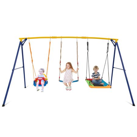 Juego de Columpios Carga 300 kg Estructura de Metal de Carbono con Cinturón Plataforma Asiento de Columpio y Cuerdas Ajustables Amarillo