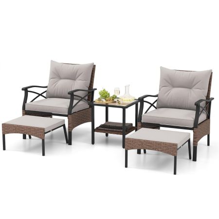 Juego de Muebles de Mimbre de 5 Piezas con Otomanas Cojines Mesa Auxiliar de Vidrio Templado de 2 Niveles para Jardín Porche Marrón