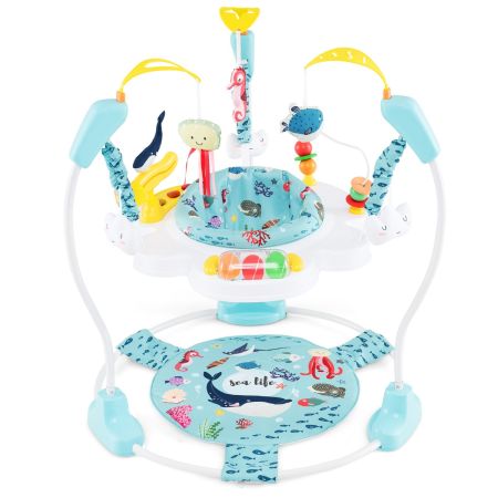 Centro de Actividades de Rebote para Bebés de 6+ Meses con Luces Sonido Altura Ajustable Juguetes Interactivos y Bandeja de Música Azul Claro