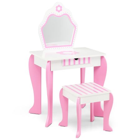 Costway Juego de Tocador y Taburete para Niños Blanco y Rosa