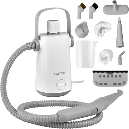 Máquina de Limpieza de Vapor Portátil de 1000 w con Tanque de Agua de 300 ml Manguera Extendida y Cable Largo Vaporizador para Ropa Gris