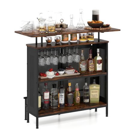 Mesa Alta de Bar Armario de Metal con 2 Estantes para Vino y 6 Soportes para Copas Reposapiés para Bar Cocina Pub 120 x 50 x 106,5 cm Marrón