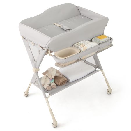 Mesa de Cambio de Pañales Plegable para Bebé Cambiador de Pañales para Niños con Cesta de Almacenaje y Ruedas 3 Alturas Ajustables Gris