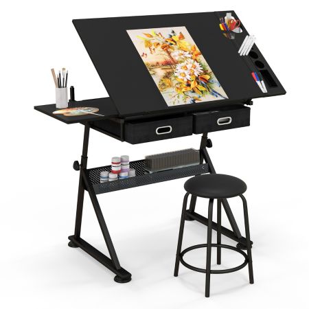 Mesa de Dibujo Escritorio Artesanal Altura y Ángulo de Escritorio Ajustable 2 Cajones con Silla Negro