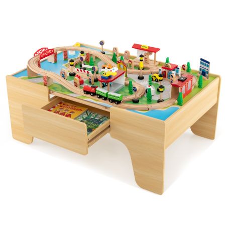 Juego de vías de tren de madera y mesa