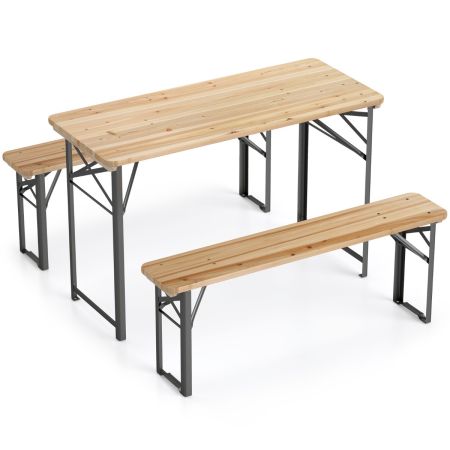 Juego de mesa y banco de madera de abeto
