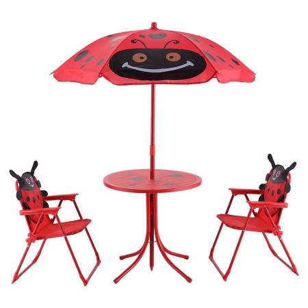 Conjunto de mesa con sombrilla y 2 sillas de jardín plegables para niños rojo