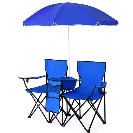 Silla de Camping con Sombrilla Portátil Plegable Doble Tejido Oxford con Mini Mesa y Posavasos para Exterior Picnic y Patio Azul Oscuro