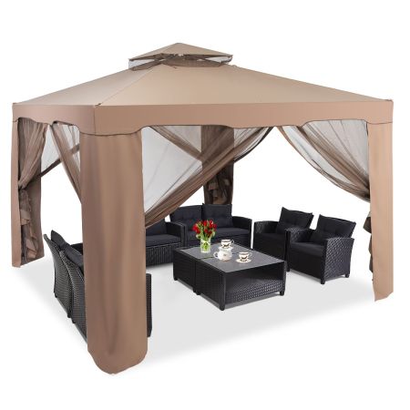 Glorieta Doble de Jardín Estructura de Acero y 4 Cortinas Laterales con Mosquitero para Patio Césped Veranda Café 3 x 3 x 2,65 m