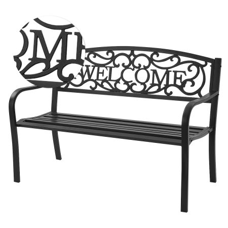 Banco de Jardín Asiento de Exterior Estructura de Metal con Letrero WELCOME para Terraza Patio Balcón Negro 127 x 63,5 x 89 cm