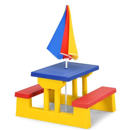 Mesa y banco con sombrilla plegable de picnic para niños
